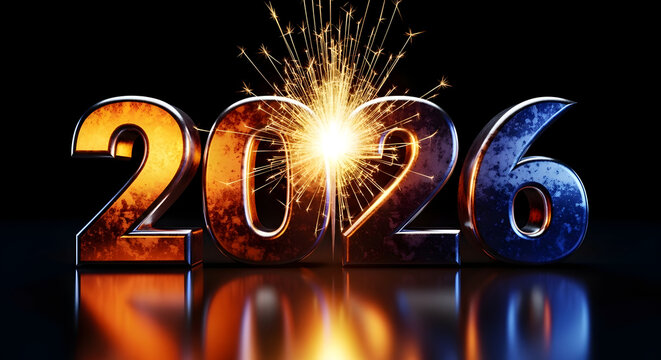 Shiny 2026 numbers with sparkler and elegant reflection for new year celebration