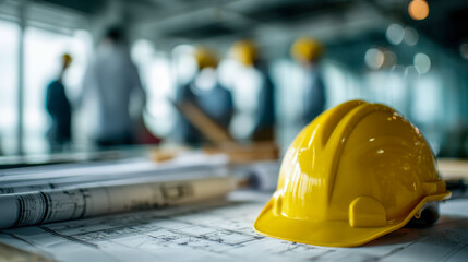Yellow safety helmet placed on architectural blueprints with blurred construction team discussing project progress in modern office environment