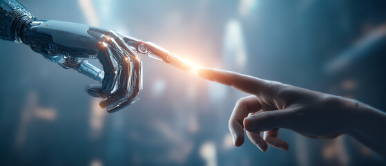 A robotic hand reaches towards a human hand, symbolizing the connection between technology and humanity, illuminated by a glowing spark.