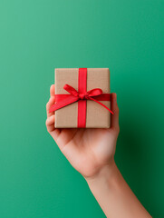 a hand holding a gift box against the background of green curtains