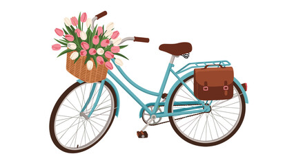 Charming blue bicycle with a basket of pretty tulips and a stylish leather bag perfect for spring adventures and whimsical designs