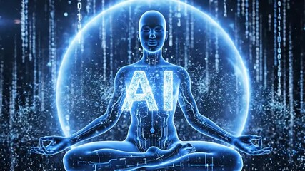 Meditating AI Figure In Lotus Pose With Glowing Blue Aura And Binary Code artificial intelligence technology. - Powered by Adobe