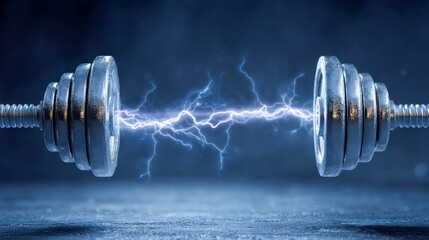 Two metal dumbbells facing each other with dramatic electric lightning bolts striking between them on a dark blue gym background conveying power and energy