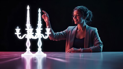 Woman touches hologram candelabra on table. Glowing candle and candelabra cast neon glow. Portrait shows calm focus and gesture. Dark studio and glossy surface enhance futuristic mood and cinematic.