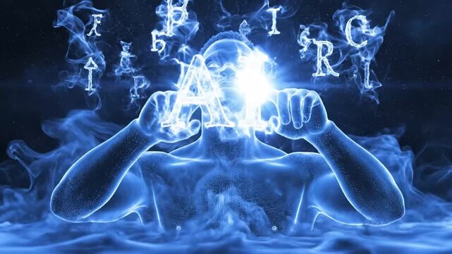 Man's Head and Shoulders Emerging from Blue Smoke with Floating Cyrillic Characters.