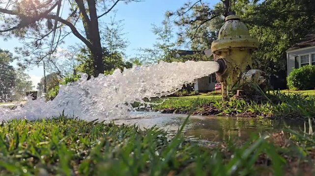 A 20 second video, shot low to the ground, of an open fire hydrant gushing water out on the ground.