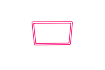 Illuminated pink neon square frame glowing brightly on a stark black background isolated on transparent background