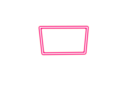 Illuminated pink neon square frame glowing brightly on a stark black background isolated on transparent background