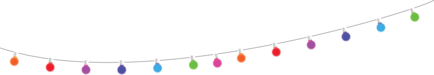 multicolored glowing bulbs isolated on transparent background. Festive holiday light string decoration