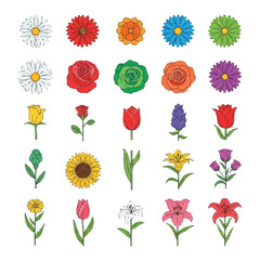 This vibrant collection of eighteen assorted colorful flat 2D vector flowers is neatly arranged and isolated on a pure white background, creating a cheerful and graphic illustration.