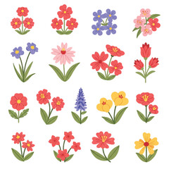 A colorful collection featuring eighteen distinct flower species presented as a beautiful botanical set of isolated vector illustrations rendered in modern flat 2D style on a clean white background.