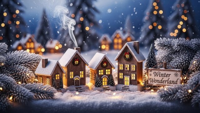 Miniature christmas village in a snowy landscape at night. Cozy winter wonderland scene with festive lights for holiday greeting card.