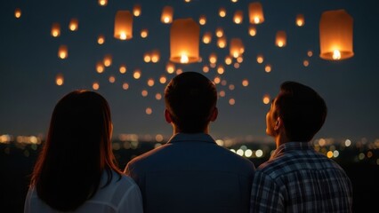 Young couple and friend watching sky lanterns fly. Chinese new year celebration or Loy Krathong festival. Hope and freedom concept.