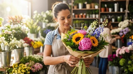 Woman florist holds vibrant bouquet of flowers in apron for flower shop business or floral arrangement on Mothers Day.
