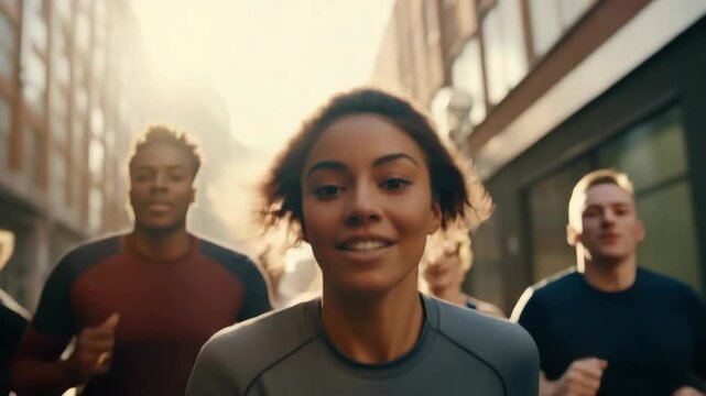 A young woman with braided hair is smiling and leading a group of runners down the street in broad daylight.