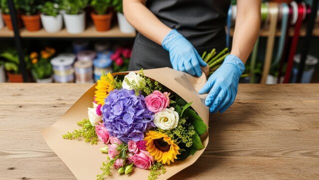 Woman florist in blue gloves wrapping a bouquet of fresh flowers in craft paper on a wooden table. Flower arrangement and delivery concept for a special occasion.