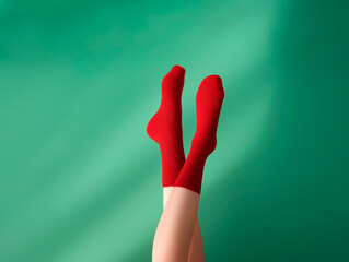 beautiful women's legs in red tights on a green background