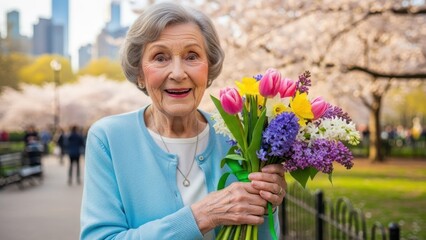 Happy senior woman with a vibrant bouquet of spring flowers in a park. Celebration of aging, joy and nature for Mothers Day.