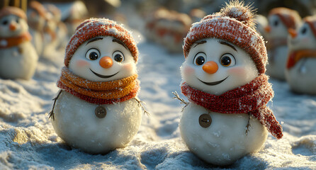 Cozy Winter Scene with Happy Snowman in Fresh Snow