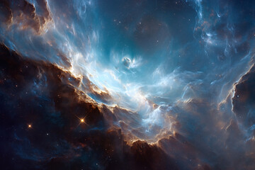 Space background with clouds and stars in bright space. Nebula and magical Universe landscape. Created with generative AI