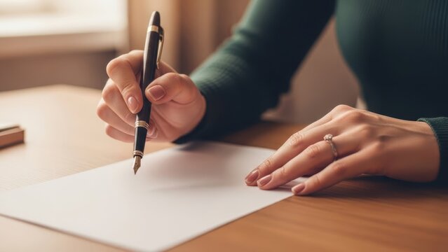 Woman writing letter with fountain pen on white paper on wooden desk. Concept of communication, message, journalism, or personal correspondence.