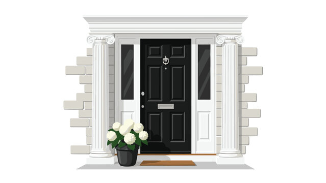 Elegant black front door with white columns and brick, inviting entrance with floral display, perfect for real estate or home design projects