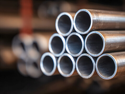 Stacked metallic pipes with smooth edges arranged in a triangular formation showcasing industrial materials and structural components against a blurred background