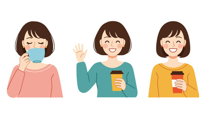 Cute flat vector sticker set of a woman drinking coffee in multiple poses, ideal for planners, lifestyle designs, and cozy daily routine collections