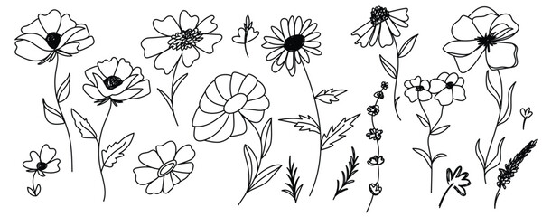 Cute Garden Line Artwork, Playful Flower Sketches, Simple Nature Doodle Set
