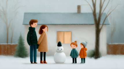 a happy family building a snowman in the winter