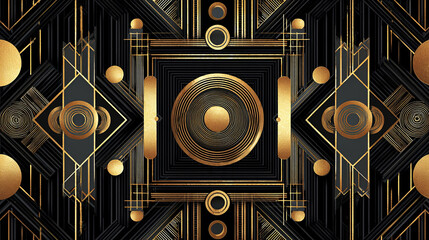 Abstract geometric illustration featuring intricate golden patterns and shapes on a black background, showcasing modern design elements and artistic flair for creative projects