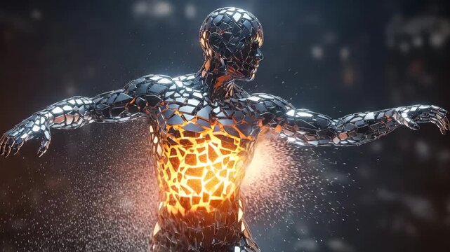 Futuristic chrome humanoid figure with geometric patterns striking a dynamic pose in a dark environment