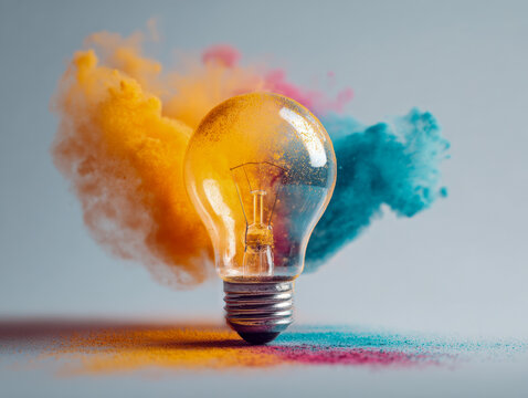 A creative light bulb surrounded by vibrant orange and blue powder clouds symbolizing innovation and imaginative ideas in a visually striking composition - Powered by Adobe