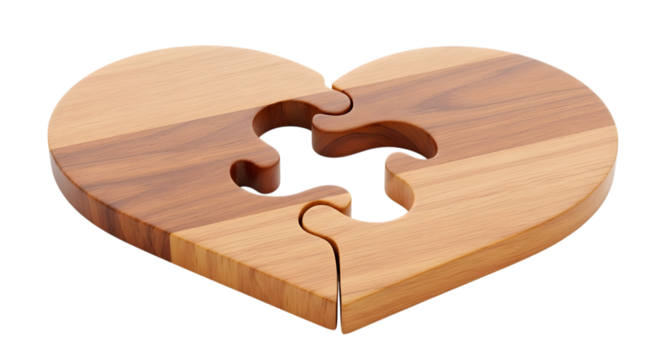 Wooden heart puzzle with missing piece isolated on transparent background