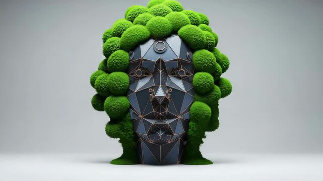 Geometric head sculpture with intricate triangular facets and metallic accents on a neutral background