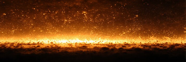 Dramatic industrial background featuring glowing orange molten sparks and particles scattering...