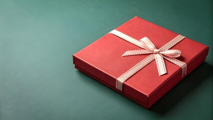 Minimal square red gift box with ribbon placed to the right, dark green background, left area blank for text placement, soft studio lighting
