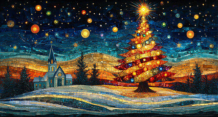 Nighttime Christmas Scene with Twinkling Stars and Historic Church