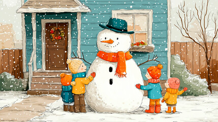 a happy family building a snowman in the winter