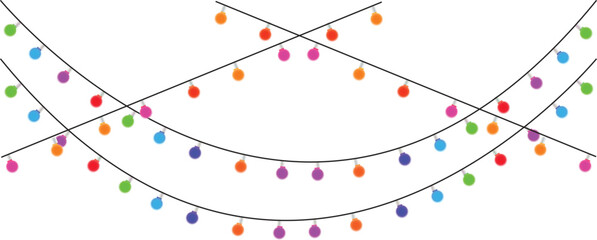 multicolored glowing bulbs isolated on transparent background. Festive holiday light string decoration