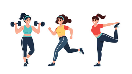 Sticker collection featuring a woman running, lifting weights, and training, ideal for planners, fitness diaries, and modern flat vector lifestyle themes