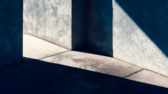 A concrete wall with angular sun shadows forming crisp triangular geometric patterns under harsh direct light
