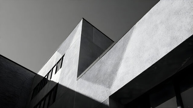 A building’s angular rooftop casting rigid polygonal shadows across an adjoining wall in strong sun