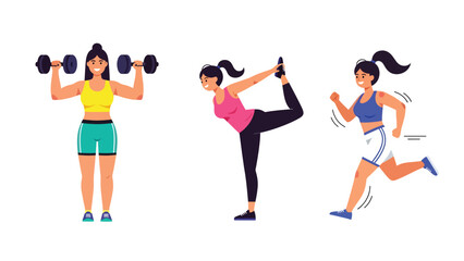 Sticker collection featuring a woman running, lifting weights, and training, ideal for planners, fitness diaries, and modern flat vector lifestyle themes