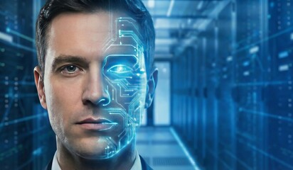 Cybernetic human face with glowing circuit pattern, artificial intelligence and technology integration concept in data center environment