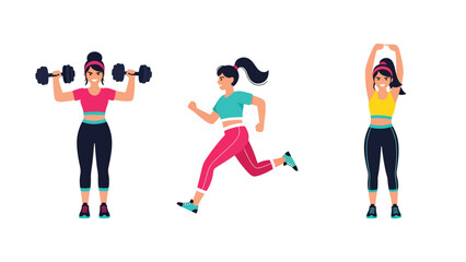 Sticker collection featuring a woman running, lifting weights, and training, ideal for planners, fitness diaries, and modern flat vector lifestyle themes