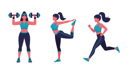 Sticker collection featuring a woman running, lifting weights, and training, ideal for planners, fitness diaries, and modern flat vector lifestyle themes