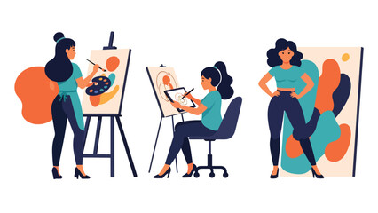 Cute sticker set of a woman drawing, painting, and creating art, perfect for creative planners and artistic flat vector collections