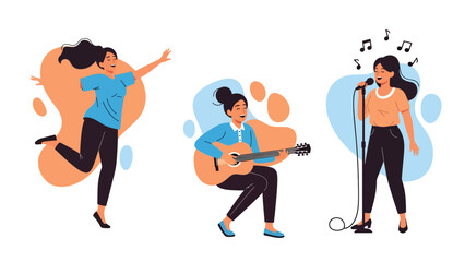 Flat vector sticker collection of a woman singing, listening to music, and playing instruments, great for creative journals and lifestyle themes