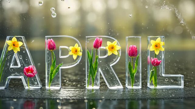 Spring showers unveil blooming april letters in vibrant water dance